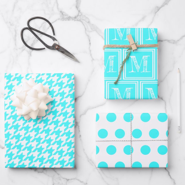 Turquoise Houndstooth Monogram Polka Dot Wrapping Paper Sheet (Front)