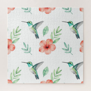 Turquoise Hummingbird Hibiscus Pattern Jigsaw Puzzle
