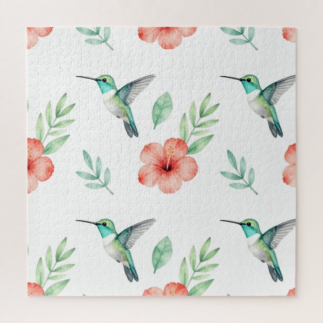 Turquoise Hummingbird Hibiscus Pattern Jigsaw Puzzle (Vertical)