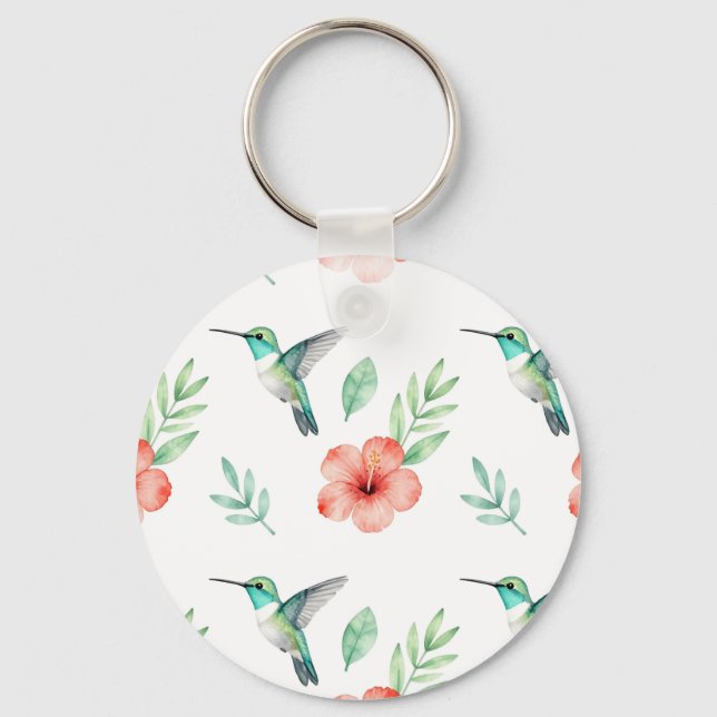 Turquoise Hummingbird Hibiscus Pattern Keychain (Front)