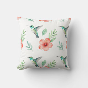 Turquoise Hummingbird Hibiscus Pattern Throw Pillow