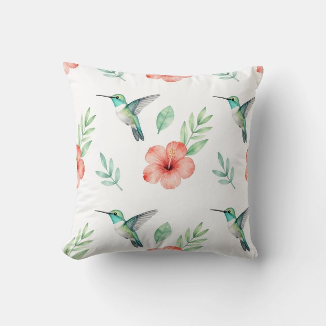 Turquoise Hummingbird Hibiscus Pattern Throw Pillow (Front)