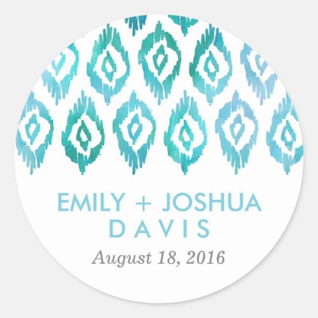 Turquoise Ikat Watercolor | Wedding Classic Round Sticker (Front)