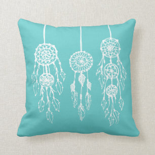 Turquoise Illustrated Bohemian Dreamcatchers Throw Pillow