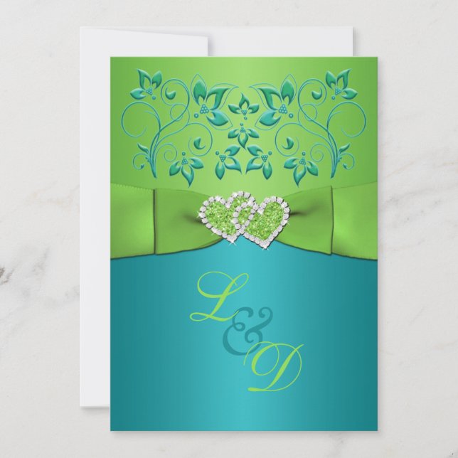 Turquoise, invitation jointive florale 2 de coeurs (Devant)
