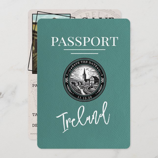 Turquoise Ireland Passport Save The Date (Front/Back)