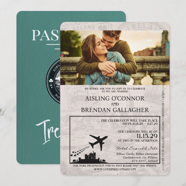 Turquoise Ireland Passport Wedding Invitation (Front/Back)
