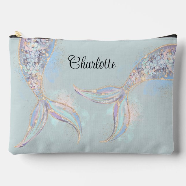 Turquoise Iridescent Mermaid Tail Personalized Accessory Pouch (Front)