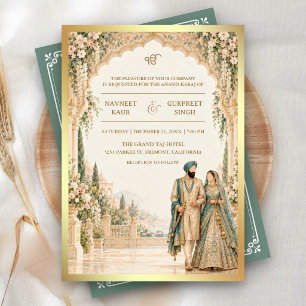 Turquoise Ivory Palace Arch Sikh Wedding Invitation
