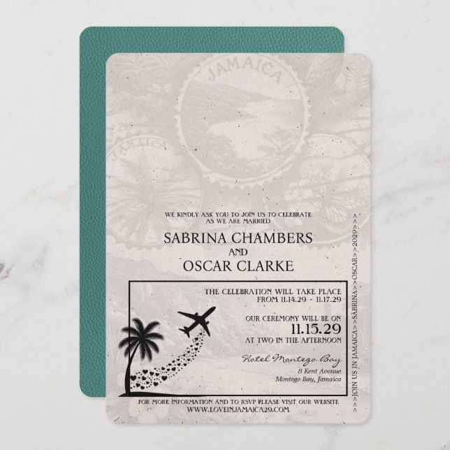 Turquoise Jamaica Passport Wedding Invitation (Front/Back)