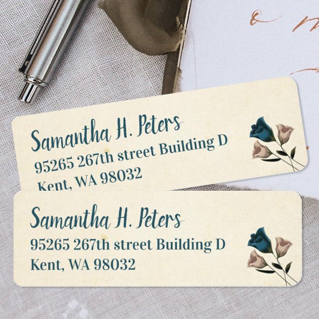 Turquoise, Jardin beige Roses de la poste Étiquett (Teal, ivory, off white address labels with roses, teal script writing, simple roses)