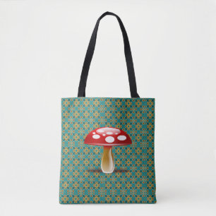 Turquoise Kaleidoscope and Red Mushroom Tote Bag