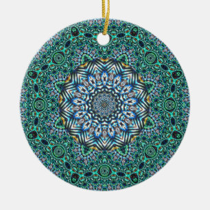 Turquoise Kaleidoscopic Mosaic Reflections Design Ceramic Ornament
