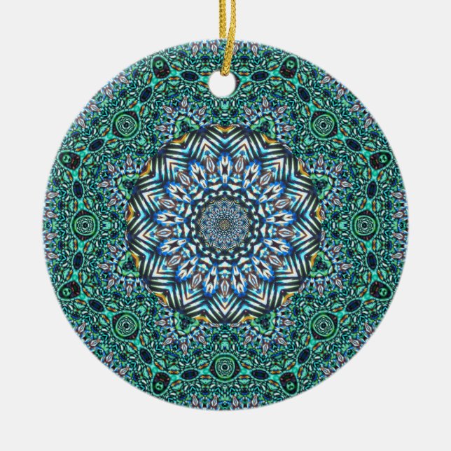 Turquoise Kaleidoscopic Mosaic Reflections Design Ceramic Ornament (Front)