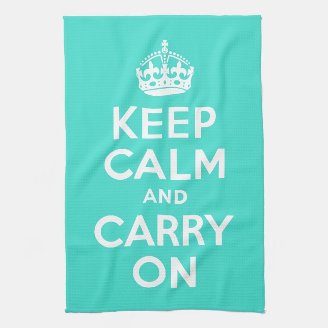 Turquoise Keep Calm and Carry On Kitchen Towel (Vertical)