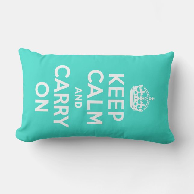 Turquoise Keep Calm and Carry On Lumbar Pillow (Front)