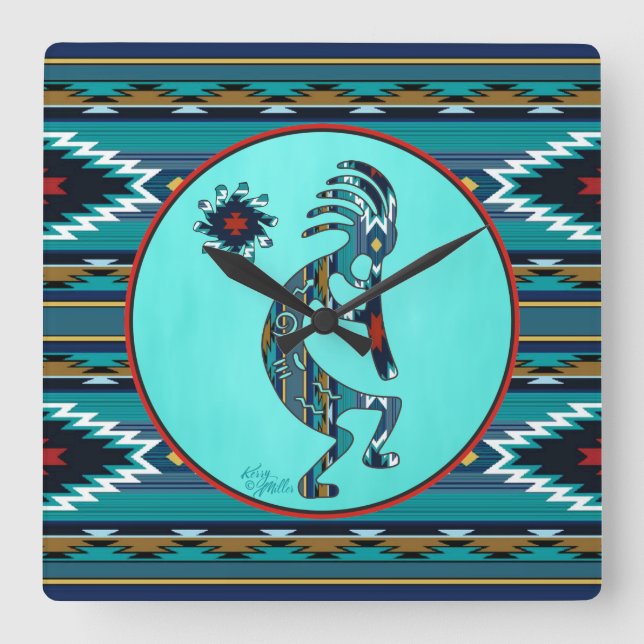 Turquoise Kokopelli Grande horloge murale (Recto)
