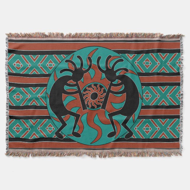 Turquoise Kokopelli Tribal Southwest Design Throw Blanket (Front)