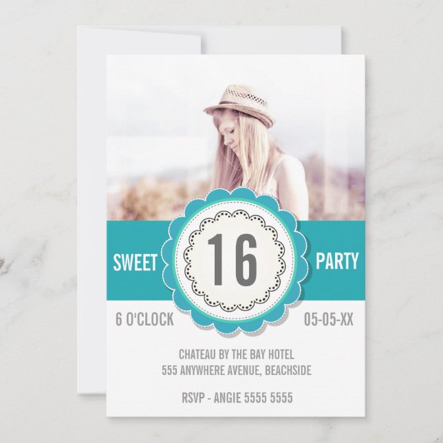 Turquoise Lace Photo Sweet 16 Invitation de fête d (Devant)