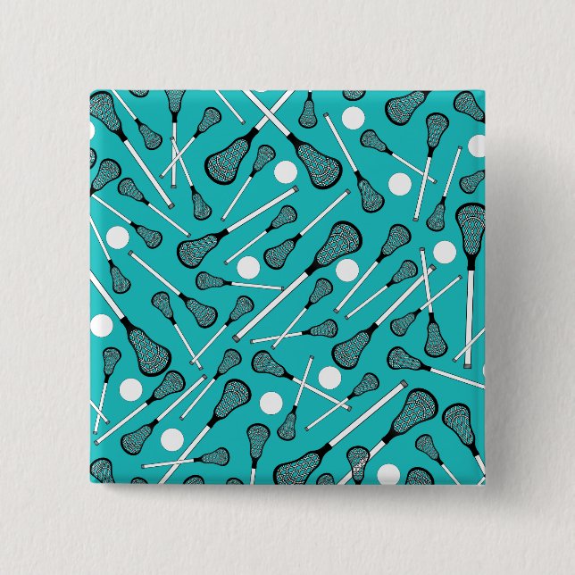 Turquoise lacrosse sticks pattern 2 inch square button (Front)