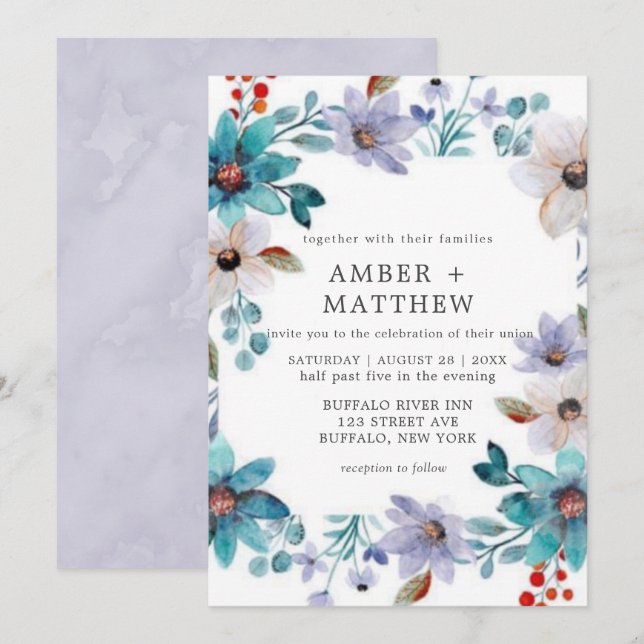 Turquoise Lavender Painted Florals Wedding Invite (Front/Back)