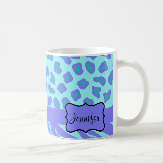 Turquoise & Lavender Zebra & Cheetah Customized Coffee Mug (Right)