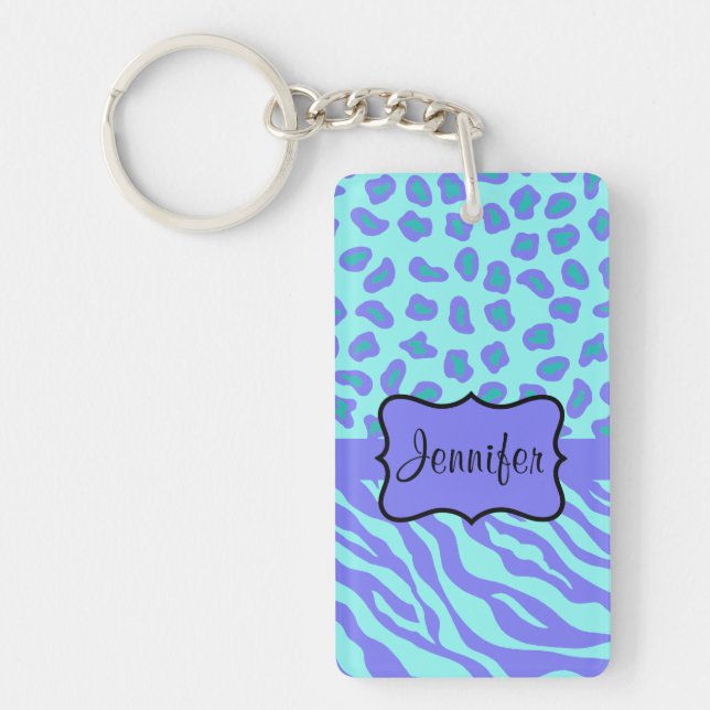 Turquoise & Lavender Zebra & Cheetah Customized Keychain (Front)