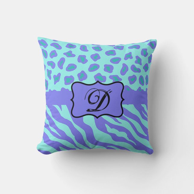 Turquoise & Lavender Zebra & Cheetah Customized Throw Pillow (Front)