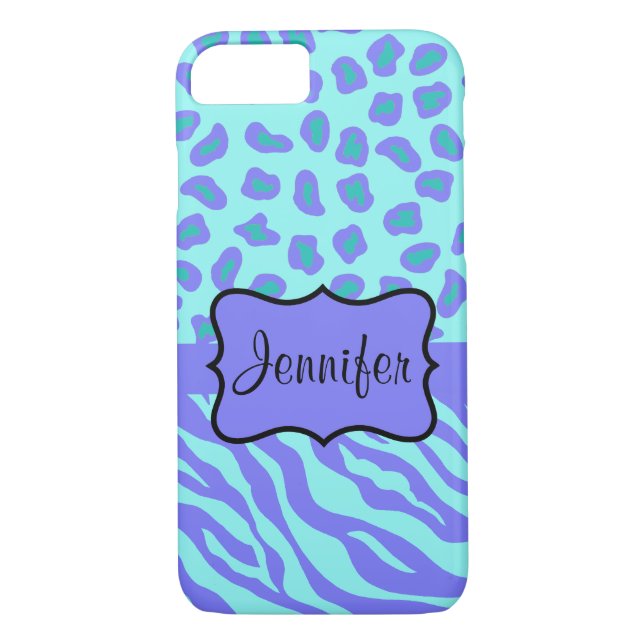 Turquoise Lavender Zebra Leopard Name Personalized Case-Mate iPhone Case (Back)