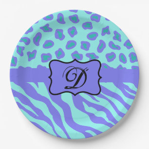 Turquoise Lavender Zebra Leopard Skin Monogram Paper Plate