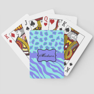 Turquoise Lavender Zebra Leopard Skin Name Custom Playing Cards