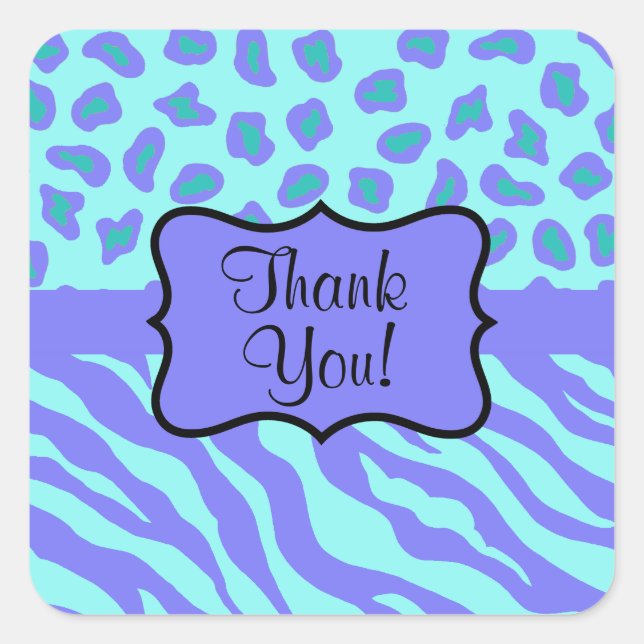 Turquoise Lavender Zebra Leopard Skin Thank You Square Sticker (Front)