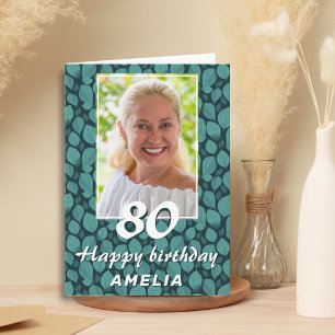 Turquoise Leaf Pattern 80th Birthday Photo Card