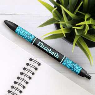 Turquoise leaf pattern custom name modern black ink pen