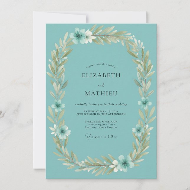 Turquoise Leaf Wreath Wedding Invitation (Front)
