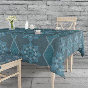 Turquoise Leafy floral Octagon and Diagonal patter Tablecloth
