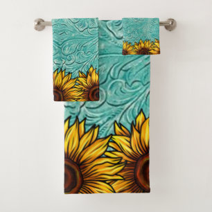 Turquoise Leather Tooled Bright Sunny Sunflowers