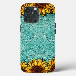 Turquoise Leather Tooled Bright Sunny Sunflowers iPhone 13 Pro Case