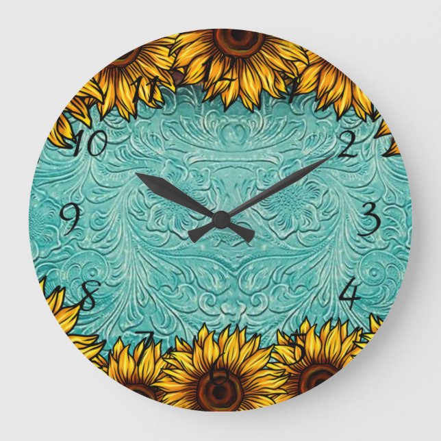 Turquoise Leather Tooled Bright Sunny Sunflowers Large Clock (Front)