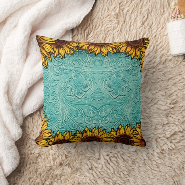 Turquoise Leather Tooled Bright Sunny Sunflowers T Throw Pillow (Blanket)