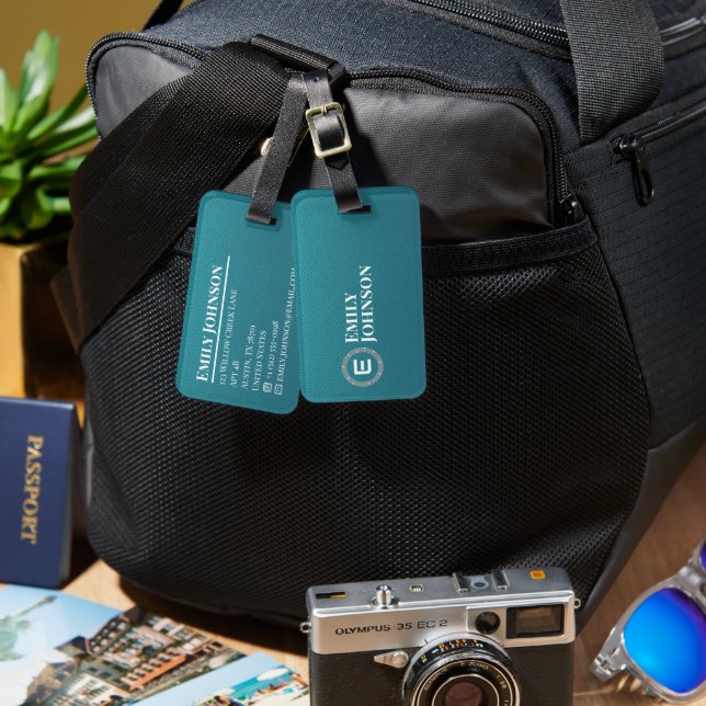 Turquoise Leatherette Chic Initial Name Luggage Tag (Front & Back)