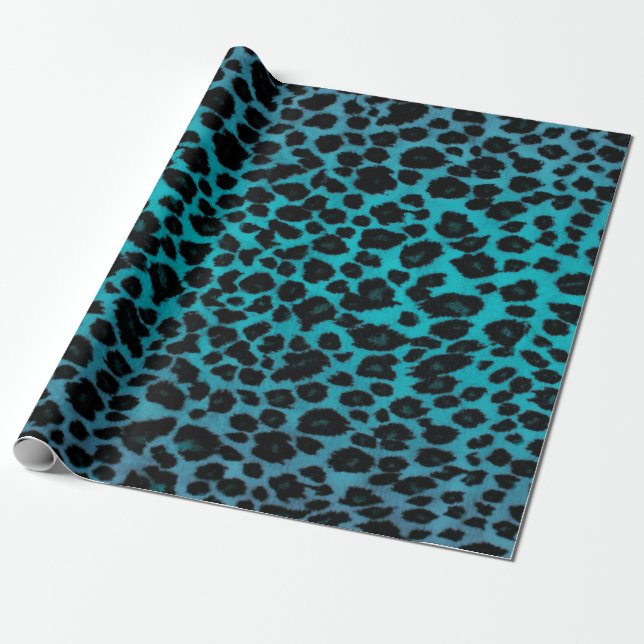 Turquoise Leopard Print Wrapping Paper (Unrolled)