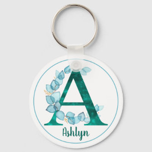 Turquoise Letter A blue eucalyptus wreath  Keychain