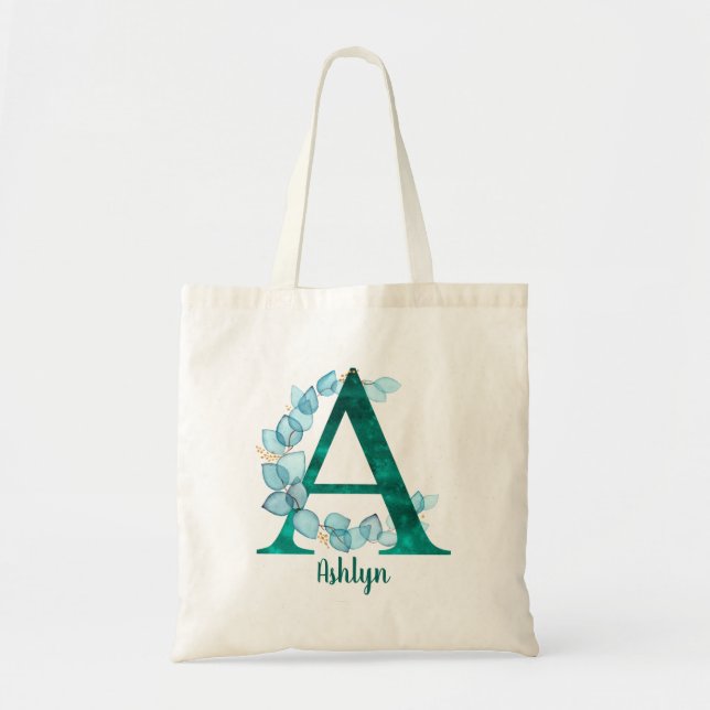 Turquoise Letter A blue eucalyptus wreath Tote Bag (Front)