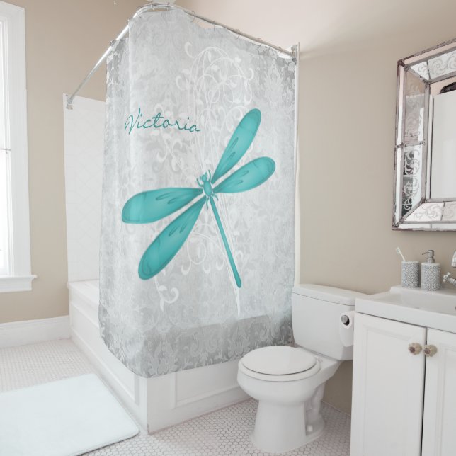 Turquoise libellule rideau de douche personnalisée (En situation)