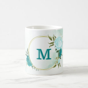 turquoise light blue flowers  coffee mug
