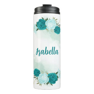 turquoise light blue flowers  thermal tumbler