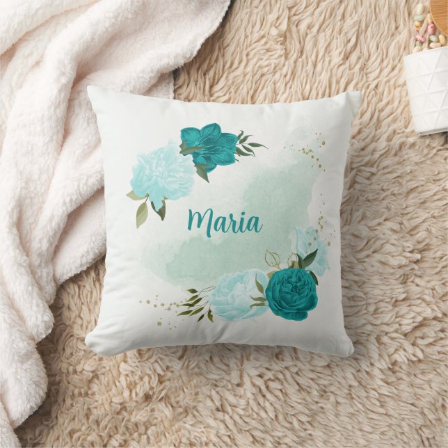 turquoise light blue flowers  throw pillow (Blanket)