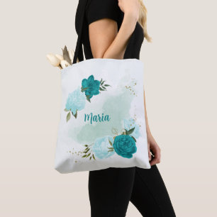 turquoise light blue flowers  tote bag