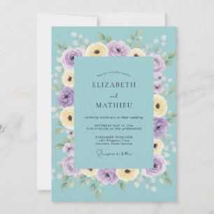 Turquoise Lilac Ranunculus Eucalyptus Wedding Invitation